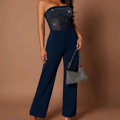 Navy Blue Womens Rhinestone Mesh Bandeau Jumpsuit 91% Polyester 9% Elastane Strapless Blue Jumpsuit For Party, Blue Strapless Jumpsuit For Party, Elegant Rhinestone Jumpsuits For Night Out, Bandeau Jumpsuit, Pant Jumpsuit, Jumpsuit Romper, Color Blue, Pants For Women, Jumpsuit