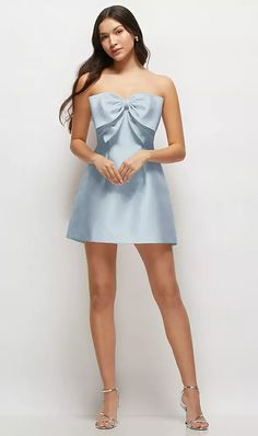 Strapless Bell Skirt Satin Mini Bridesmaid Dress With Oversized Bow In Mist | The Dessy Group A-line Mini Dress With Bow For Prom, Flirty A-line Strapless Cocktail Dress, Flirty A-line Mini Dress For Cocktail, Sweetheart Neckline Mini Dress With Bow For Date Night, Satin Strapless Mini Dress For Cocktail, Flirty Strapless Mini Dress For Formal Events, Flirty Strapless Mini Dress For Formal Occasions, Feminine Bow Mini Dress For Cocktail, Feminine Bow Mini Dress For Cocktails