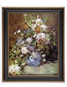 a painting of flowers in a blue and white vase