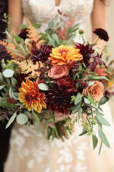 a bride holding a bouquet of flowers in her hands