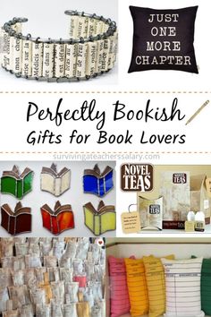 bookshelf filled with lots of different items and text that says perfectly bookish gifts for