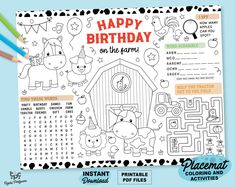 happy birthday on the farm printable coloring page for kids with animals and other things to color