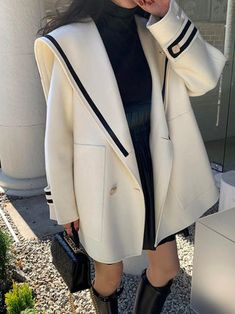 Woolen Coat Woman, Y2k Long Sleeve, Sailor Collar, Loose Outfit, Woolen Coat, Quilted Coat, Double Breasted Jacket, Warm Jacket, Long Sleeves Jacket