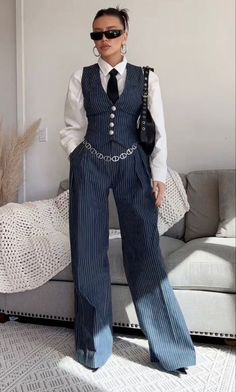 Pinstripe Wide Leg 2-piece Suit (PRE-ORDER) – Luxandluxy Pinstripe Suit Women, Mode Harajuku, Vest Outfits For Women, Fashion 90s, 90's Fashion, Pinstripe Suit, Sweater Dress Women, Mein Style, Vest Outfits