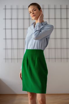 Buy 3 items and get 30% off your entire order. Limited offer. All orders are shipped via FedEx. Shipping to the US typically takes 2 to 3 business days, while within the EU, it takes 2 to 6 business days. Vintage 100% wool pencil skirt in bright grass green colour. It features high waist and above-the-knee length. Back zipper & button closure. Lined. Material: 100% wool Condition: great vintage condition Size: best fits size S (pinned at waist for fit, size on tag: 42) Please compare measurement Elegant Green Mini Skirt For Office, Elegant Green Pencil Mini Skirt, Elegant Green Pencil Skirt For Office, Green Formal Skirt For Spring, Green Spring Office Pencil Skirt, Elegant Green Office Pencil Skirt, Green Mini Skirt For Spring Office Wear, Green Fitted Mini Skirt For Office, Spring Office Green Mini Skirt