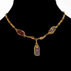 "Magnificent Ornate 10K Yellow Gold Filigree Necklace with inset rectangular Carnelian stones that feature carved Crystal tops with ornate foliate and scroll decorations. c.1910. This wonderful necklace measures 16 1/16\" long with a 1 5/16\" long dangle and weighs 14g. The two smaller Carnelian and carved crystal stones measure 15mm x 7mm, while the larger stone measures 18mm x 10mm. Eb7001" Gold Filigree Necklace, Antique Jewelry Necklace, Filigree Necklaces, Carnelian Stone, Crystal Stones, Gold Filigree, Star Pendant, Spring Rings, Stones And Crystals