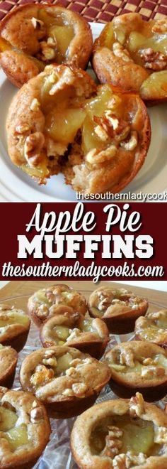 apple pie muffins on a plate with apples in the background and text overlay