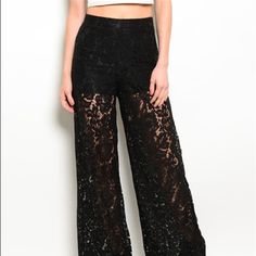 Nwt Black Lace Pants Side Zipper 100% Poly Black Wide-leg Pants For Date Night, Black Wide Leg Pants For Date Night, Black Wide-leg Pants For Going Out, Black Wide-leg Party Pants, Black Wide-leg Pants For Night Out, Black High-waisted Wide Leg Pants For Date Night, Black Wide-leg Party Bottoms, Black Long Pants For Going Out, Black Straight Pants For Date Night