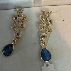 Gold Tone Nwt Earrings With Blue Stone . One Hinge Is Missing Post Style Blue Drop Clip-on Earrings For Formal Occasions, Blue Metal Clip-on Jewelry, Blue Drop Clip-on Earrings For Formal Events, Blue Formal Clip-on Drop Earrings, Blue Dangle Earrings For Evening, Blue Metal Clip-on Earrings, Blue Teardrop Earrings For Evening, Elegant Blue Metal Clip-on Earrings, Elegant Blue Drop Clip-on Earrings