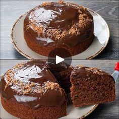 two pictures of a chocolate cake with one slice cut out