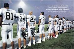 a group of football players standing on top of a field next to each other in uniforms