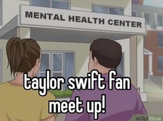 two people standing in front of a building with the words taylor swift fan meet up