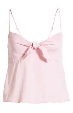 A pretty bow detail at the chest and smocked back shapes this soft cami in lightweight satin that's perfect for your casual looks. 9 1/2" length (size Medium) V-neck Adjustable straps Partially lined 100% polyester Machine wash, tumble dry Imported Women's Clothing Not available for sale and shipment to Germany Summer V-neck Tops With Knotted Straps, Cute Summer Camisole With Adjustable Straps, Spring Beach Tops With Bow Tie Back, Spring V-neck Top With Bow, Spring V-neck Top With Bow Detail, V-neck Top With Bow For Spring, Summer Feminine Camisole With Delicate Straps, Cute Spring Tops With Adjustable Straps, Feminine Camisole With Delicate Straps For Summer