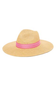 Bring on the sunny vacation days in this chic straw hat with a dramatically wide brim to keep those rays at bay. UPF 50+ sun protection Paper Imported Spring Coastal Boater Hat Made Of Toquilla Straw, Summer Travel Sun Hat Made Of Toquilla Straw, Pink Straw Sun Hat For Summer, Pink Straw Hat For Summer, Pink Boater Hat For Summer Vacation, Pink Casual Straw Hat For Summer, Pink Straw Casual Hat, Casual Pink Straw Hat For Summer, Spring Pink Straw Hat