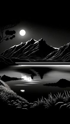 a black and white landscape with mountains, water and grass at night time in the foreground is a full moon