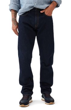 Dark-washed Italian denim with a peck of stretch means all-day comfort and style in these versatile straight-leg jeans. 32" inseam Zip fly with button closure Five-pocket style 98% cotton, 2% elastane Machine wash, line dry Imported Straight Dark Wash Jeans For Everyday, Everyday Straight Dark Wash Jeans, Dark Wash Relaxed Fit Jeans With Standard Cut Leg, Classic Dark Wash Pants With Button Closure, Dark Wash Relaxed Fit Jeans, Everyday Dark Wash Straight Fit Jeans, Dark Wash Straight Fit Pants With Straight Hem, Dark Wash Straight Fit Jeans, Dark Wash Relaxed Fit Jeans With Straight Hem