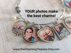 🏆 Bestseller! YOUR photos make the BEST gifts! It's true! Photos of loved ones have always made the best personalized jewelry. Honor your memories and your loved ones, past AND present with these custom handmade photo charm necklaces. Where alone or several to make a striking statement.  You can choose this style for ANY occasion, kids, pets, friends loved ones, etc. (Additional photo charms and themed charms available.  Contact us with your requests 😊 Charm bracelets can be made on bangles OR chain link style bracelets. 🌸Details: * 316L Surgical Stainless Steel, Corrosion Resistant * Brilliant, Durable and Lightweight * Adjustable Bracelet, about 2.3 inches, extends to 3 inches * Choose the Amount of Charms Wanted * Completely Customized and Personalized * Each Jump Ring Soldered Close Photo Charm Bracelet, Bracelet Photo, Photo Charms, Broken China, Charm Necklaces, Bracelet Bangle, Photo Bracelet, Grandchildren, Jewellery Display