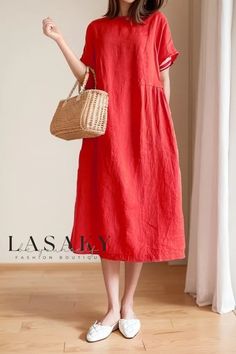 Lasaky - Refined and Versatile Maxi Dress with a Fluid Silhouette Plain Dress Casual, Solid Midi Dress, Loose Midi Dress, Vestido Plus Size, Cotton Linen Dresses, Plain Dress, Vintage Short, Linnet, Mid Length Skirts