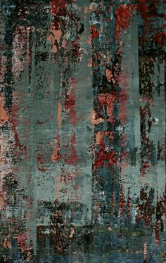 an abstract painting with red, blue and grey colors on it's surface is shown