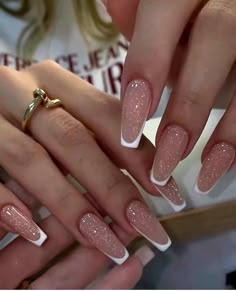 Ballerina Nails Elegant, Almond Nails For Wedding Guest, French Tip Coffin Nails With Design, Minimal White Nails, Natural Nail Designs Coffin, Glam Neutral Nails, Glitter Nail Tips Acrylic, Cute Wedding Nails Bridesmaid, Classy Nails With Gold