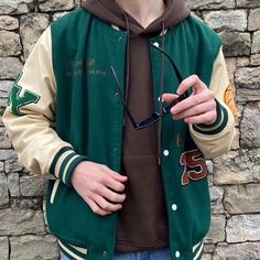 Green Varsity Jacket Outfit Men, Jock Boyfriend, Green Y2k Outfit, Green Varsity Jacket, Hoodie Outfit Men, Gay Outfit, Clothes Reference, College Jackets