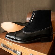 "New colour way in a limited selection of sizes in stock. If you do not see your size please get in touch or look out for our \"PRE-ORDER listings of the same model.  These lovely mens boots are a classic Balmoral lace up. They work great for Victorian, Edwardian to modern styles.  The elegant chiselled toe last is narrow enough to be in keeping with the historical shoe, while being adapted to modern sizing and comfort. The fit is true to size, but if you have a wide foot, going up half to a full size could be a good option. When in doubt about width and sizing, please message me. The skill of our excellent makers and the softness of the leather make these boots look from another time but with modern comfort. Constructed with Good Year welt, the leather soles are sewn together with a cork Office Boots, Black Lace Up Dress, Quality Leather Boots, Cap Toe Boots, Mens Dress Boots, Custom Design Shoes, Ankle Boots Men, Ankle Shoes, Suede Leather Boots