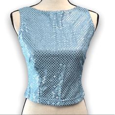 Never Worn. As Pictured. Bust Is 32”. Length From Shoulder To Bottom Is 17”. Slightly Stretchy. Has A Side Zipper On Left Side. Light Blue Fitted Sleeveless Blouse, Fitted Sleeveless Light Blue Blouse, Blue Sequined Tops For Spring, Blue Sequined Blouse For Spring, Character Clothing, Sequin Crop Top, Cropped Top, Side Zipper, Sequin