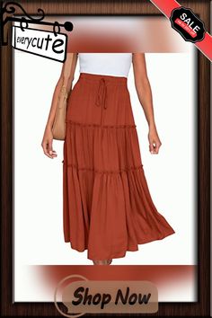 Orange Drawstring High Waist A-line Skirt Casual Summer Maxi Skirt With Drawstring, Relaxed Solid Color Skirt With Drawstring, Relaxed Drawstring Skirt In Solid Color, Solid Color Relaxed Skirt With Drawstring, Brown Flared Mini Skirt For Summer, Spring Tiered Maxi Skirt With Drawstring, Casual Drawstring Skirt For Fall, Casual Fall Skirt With Drawstring, Casual Long Maxi Skirt With Drawstring