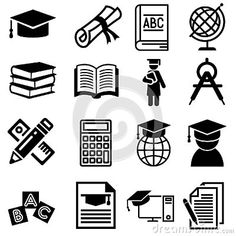 black and white icons for college or high school students, including books, globe, calculator, pen, magnifying glass