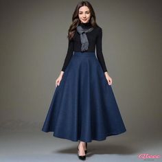 Qteee - Square Dance Skirt - Maxi Length Half Skirt with Flared Hem Wool Midi Skirt, Navy Blue Skirt, Tulle Midi Skirt, Square Dance, Winter Fashion Outfits Casual, Dance Skirt, Half Skirt, Fairytale Dress, Modieuze Outfits