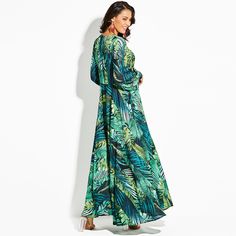 Autumn Winter Printed Dress Lantern Sleeve Sexy Deep V-neck Green Leaves Maxi Dress Large Swing - Yellow Flower,L Leaf Skirt, Moda Floral, Green Leaf Print, 파티 드레스, Balloon Sleeve Dress, Lantern Sleeve Dress, Floral Print Chiffon, Langer Rock, Elegant Dresses For Women