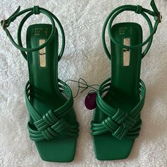 Brand New Pair Of Heel Sandals. Chic Green Sandals With 4-inch Heel, Trendy Green Heels With Buckle Closure, Green Synthetic Sandals With 4-inch Heel, Chic Green Heels With Buckle Closure, Green Sandals With Heel Strap And Block Heel, Green Block Heel Sandals With Strap, Green Block Heel Sandals With Heel Strap, Green Leather Strappy Heels, Green Ankle Strap Heels With Buckle Closure