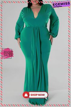 Light Green Casual Solid Patchwork V Neck Long Sleeve Plus Size Dresses Green Non-stretch Long Sleeve Maxi Dress, Women's Style, Plus Size Dresses, Plus Size Fashion, Light Green, Plus Size, V Neck, Long Sleeve, Green