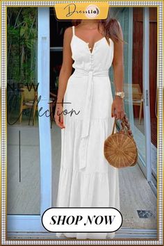 Button V-neck Maxi Dress with Belt(3 Colors) Elegant Buttoned Maxi Dress For Vacation, V-neck Button Dress For Vacation, Elegant Maxi Dress With Buttons For Vacation, Vacation V-neck Dress With Buttons, Solid V-neck Dress With Buttons, Chic Buttoned Maxi Dress For Vacation, Chic Solid Maxi Dress With Buttons, Chic Maxi Dress With Buttons For Vacation, V-neck Maxi Dress With Button Closure For The Beach