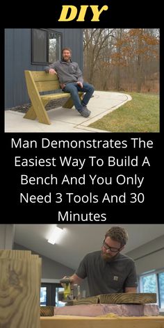 a man is sitting on a bench in front of a house with the caption that reads