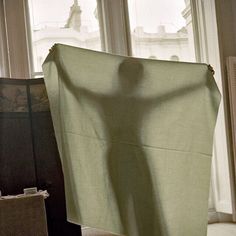 a man standing in front of a window holding up a green cloth over his head