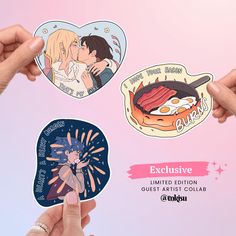 three stickers depicting two people kissing and one holding an egg in their hand, with the