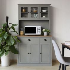 a microwave oven sitting on top of a gray cabinet next to a potted plant