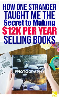 a person holding a book with the title how one strange taught me the secret to making $ 12k per year selling books