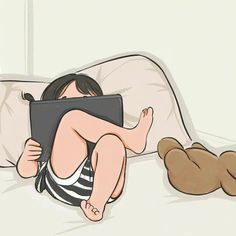 a person laying in bed with a teddy bear on the floor next to him and reading a book