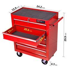 a red tool box with two drawers on the bottom and one drawer open to show measurements