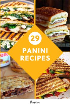 several panini sandwiches are shown with the title overlay that reads, 29 panini recipes