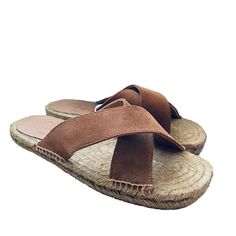 Castaner Espadrille Slide Sandals Double Crossover Straps Caramel Brown Size 40 New Without Tags. Camel Sandals For Beach In Summer, Camel Color Beach Sandals For Summer, Camel Open Toe Sandals For Summer, Brown Closed Toe Mules For Beach, Brown Closed Toe Mules For The Beach, Brown Suede Sandals For Spring, Summer Camel Open Toe Sandals, Casual Camel Sandals For Spring, Casual Adjustable Brown Mules