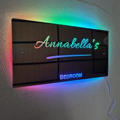 a neon sign that says anabella's bedroom on the side of a wall