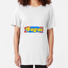 a white t - shirt with the word sugar on it slim fit t - shirt