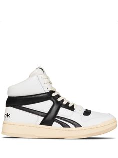 white/black calf leather smooth grain two-tone and panelled design logo print to the rear logo patch at the tongue round toe front lace-up fastening ankle-length branded insole chunky rubber sole Modern Logo Print High-top Sneakers For Streetwear, Modern High-top Sneakers With Logo For Streetwear, Leather High-top Sneakers With Abzorb Midsole For Streetwear, Urban High-top Leather Basketball Shoes, Classic High-top Sneakers For Streetwear, Classic Leather High-top Sneakers For Streetwear, White High-top Sneakers With Logo For Streetwear, High-top Leather Basketball Shoes For Streetwear, Sporty Leather High-top Sneakers With Boost Midsole