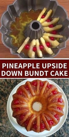 pineapple upside down bundt cake on a plate and in a pan with toppings