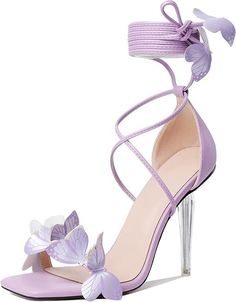 Purple Shoes Heels, Butterfly Heels, Heels Strappy, Purple Heels, High Heeled Sandals, Ankle Strap Block Heel, Open Toe High Heels, Purple Shoes, Clear Heels