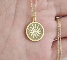 14K Real Spiral Gold Sun Necklace, Gold Sun Coin Pendant, Personalized Sun Disc Jewelry, Dainty Sun Charm, Gold Layering Sunshine Necklace 14 Material of pendant: Solid gold 14k ♣ Metal Stamp: 14k ♣The pendant is available in 3 sizes: 12.7 / 0,50 inches ( Diameter ) 15.2 mm / 0,60 inches ( Diameter ) 19,1 mm / 0,75 inches ( Diameter ) ( In the photos the size of the pendant is 15mm / 0.55 inches Diameter ) ♣ Material of chain: Solid gold 14k  Chain Length: ♥40 cm / 15,75 inches ( Length ) ♥45 cm / 17,72 inches ( Length ) ♥50 cm / 19,68 inches ( Length ) ♥ 55 cm / 21,65 inches ( Length ) Pendant thickness : 0.55mm Inner diameter of jump ring : 4mm Unique Spiral Yellow Gold Jewelry, Unique Yellow Gold Spiral Jewelry, Symbolic Sun Design Jewelry For Gifts, Unique Round Jewelry With Sun Design, Handmade Spiral Yellow Gold Jewelry, Unique Round Sun Design Jewelry, Gold Spiral Necklace Nickel Free, Gold Spiral Nickel-free Necklace, Nickel-free Gold Spiral Necklace