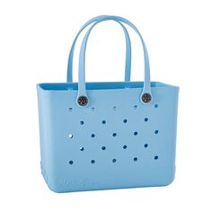 a blue bag with holes on the side and handles is sitting in front of a white background